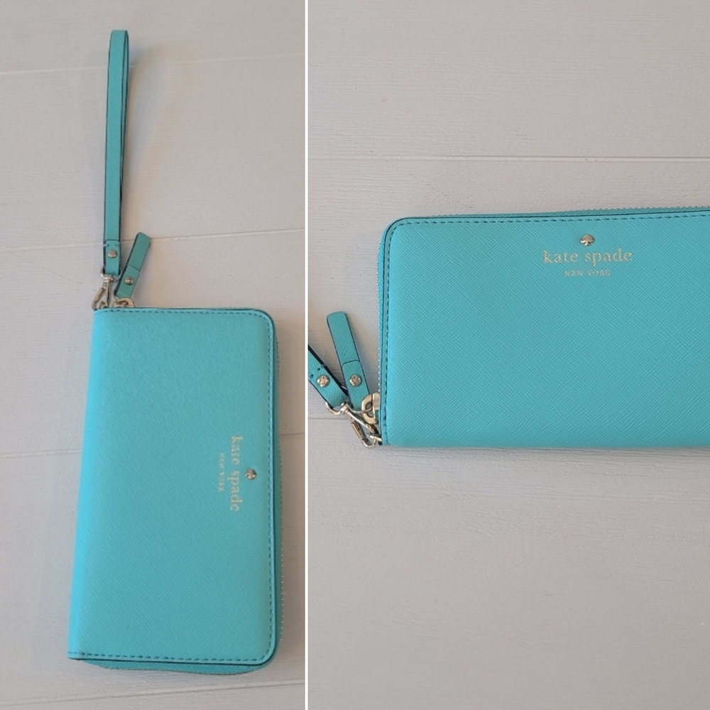 Kate Spade Tiffany Blue Saffiano Leather Zip Around Wallet Wristlet